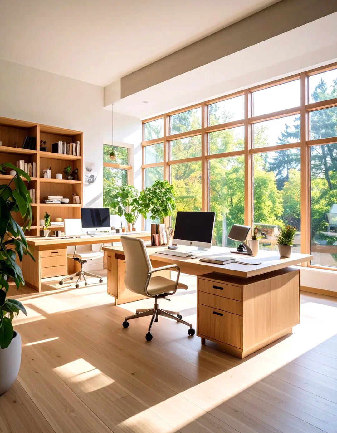 Prairie Style Home Office with Built In Desk and Shelving