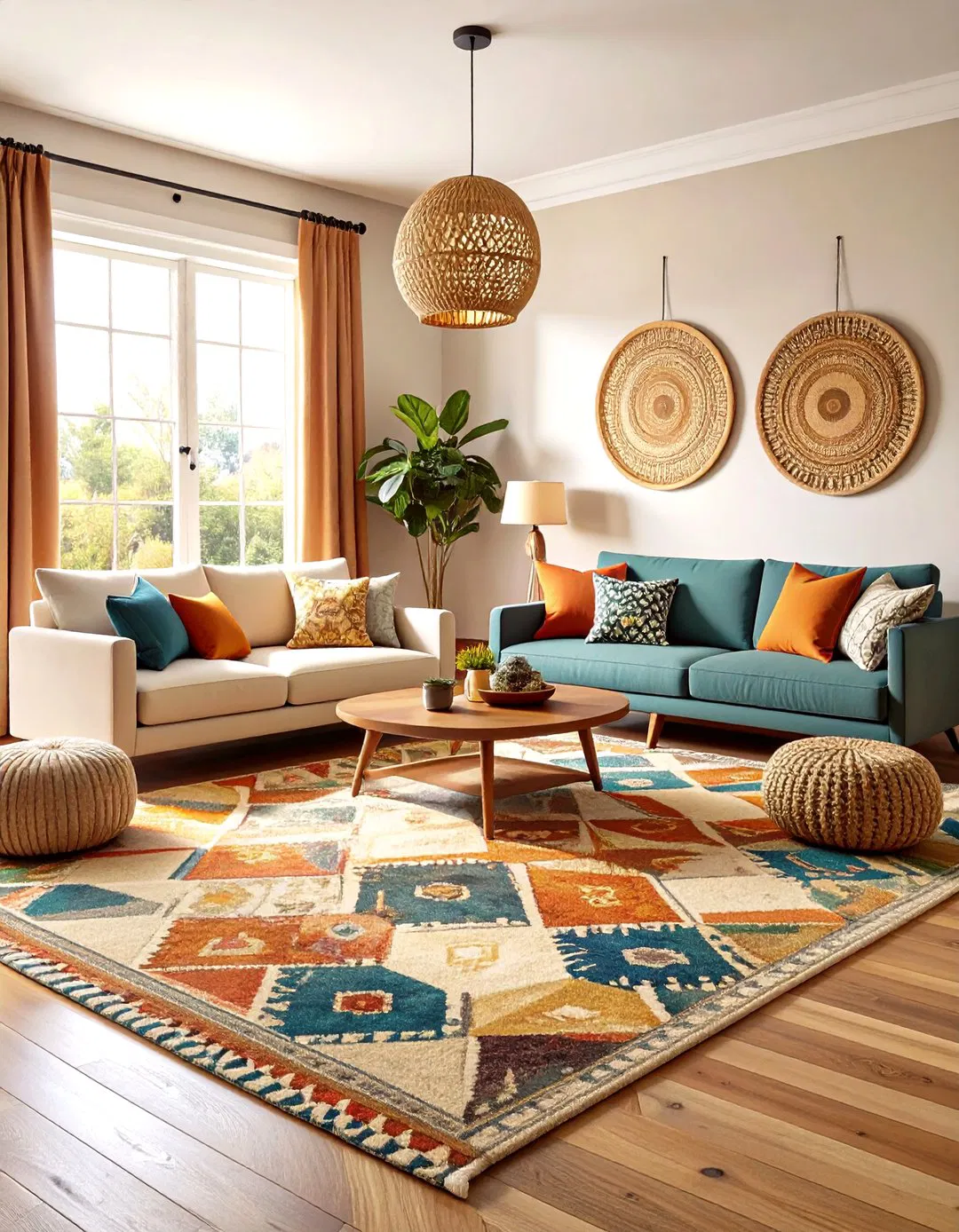 Natural Wood Flooring with Prairie Style Area Rugs