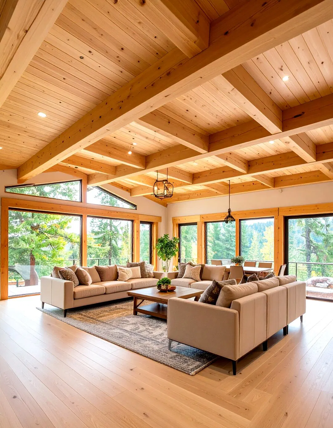 Exposed Cedar Ceiling Beams with Integrated Lighting