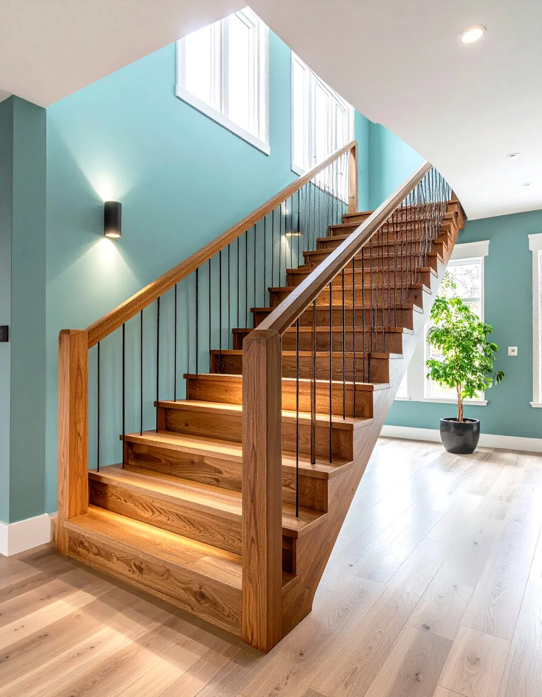 Geometric Prairie Style Staircase with Walnut Handrails
