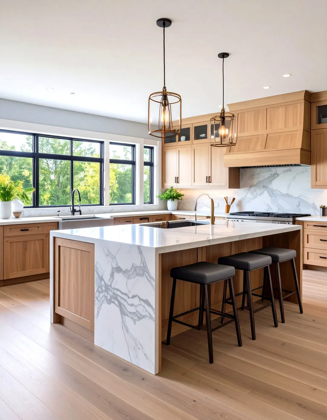 Prairie Style Kitchen Island with Waterfall Stone Countertops