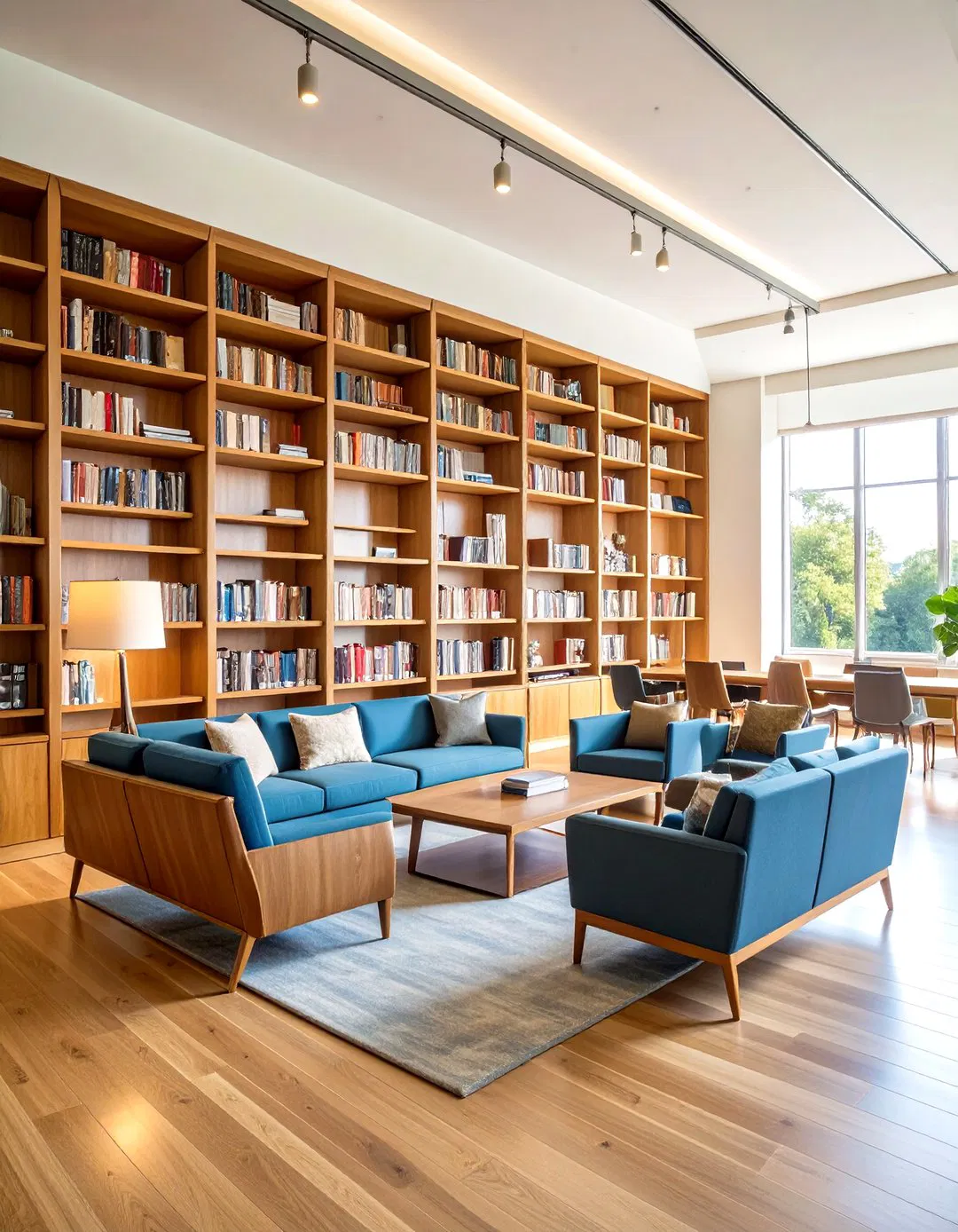 Prairie Style Library with Floor to Ceiling Built In Bookcases
