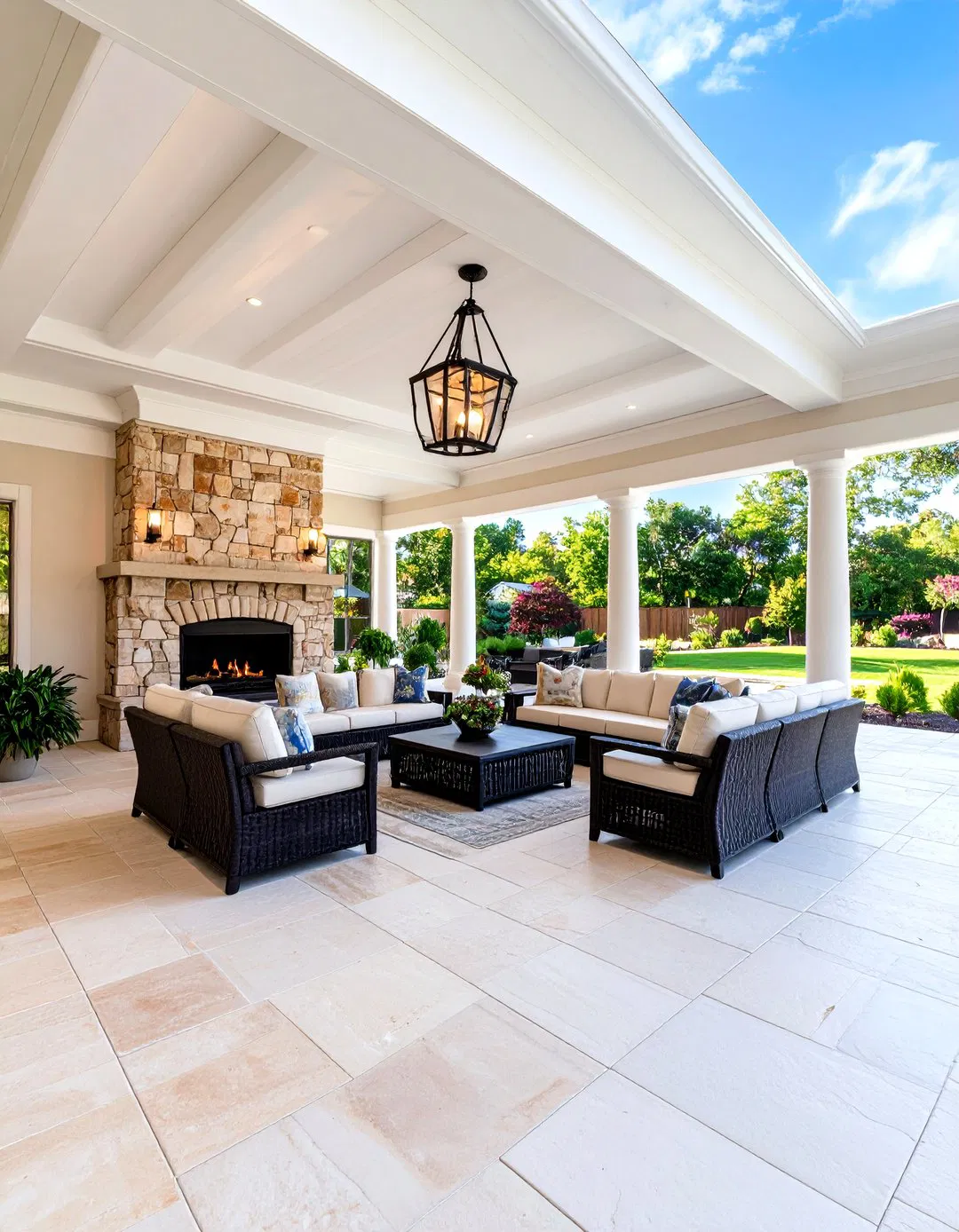 Prairie Style Covered Patio with Natural Stone Flooring