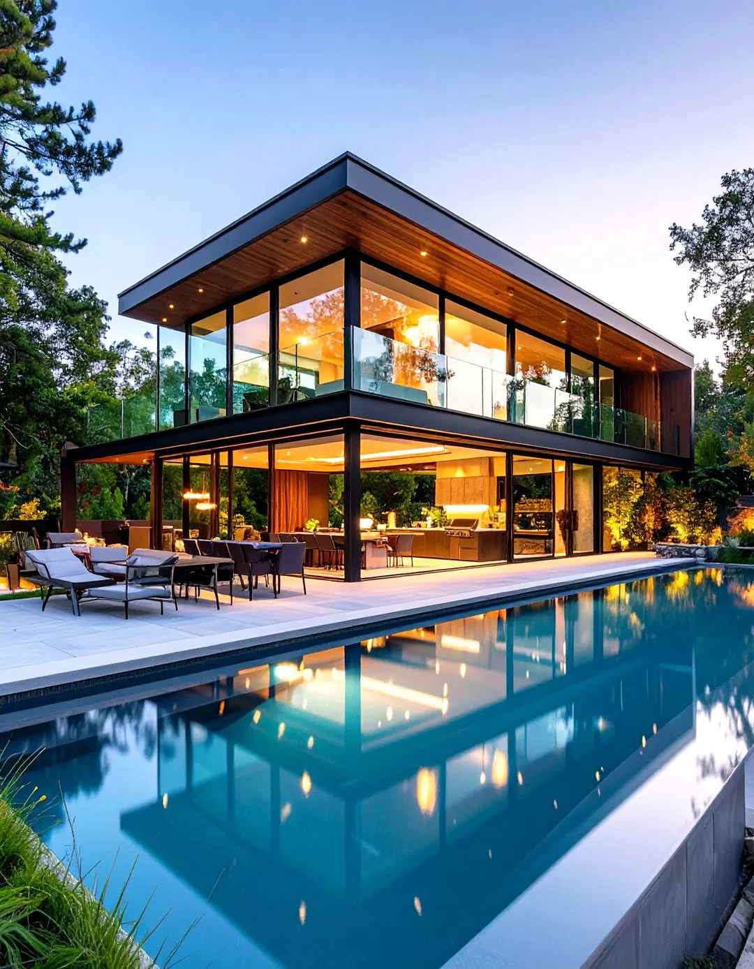 Contemporary Glass Pool House with Multi-Level Cooking Zones