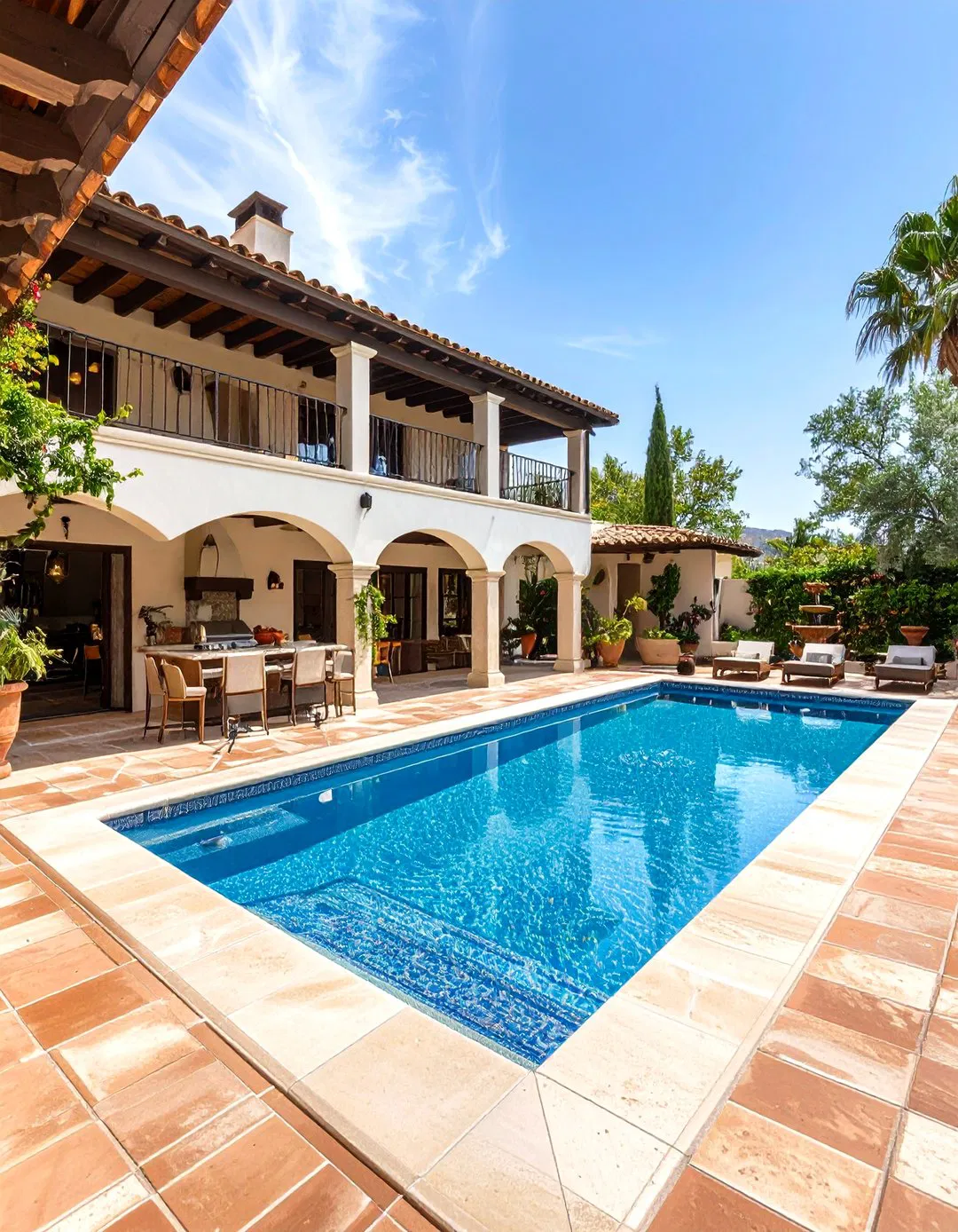 Spanish Colonial Pool House with Courtyard Kitchen