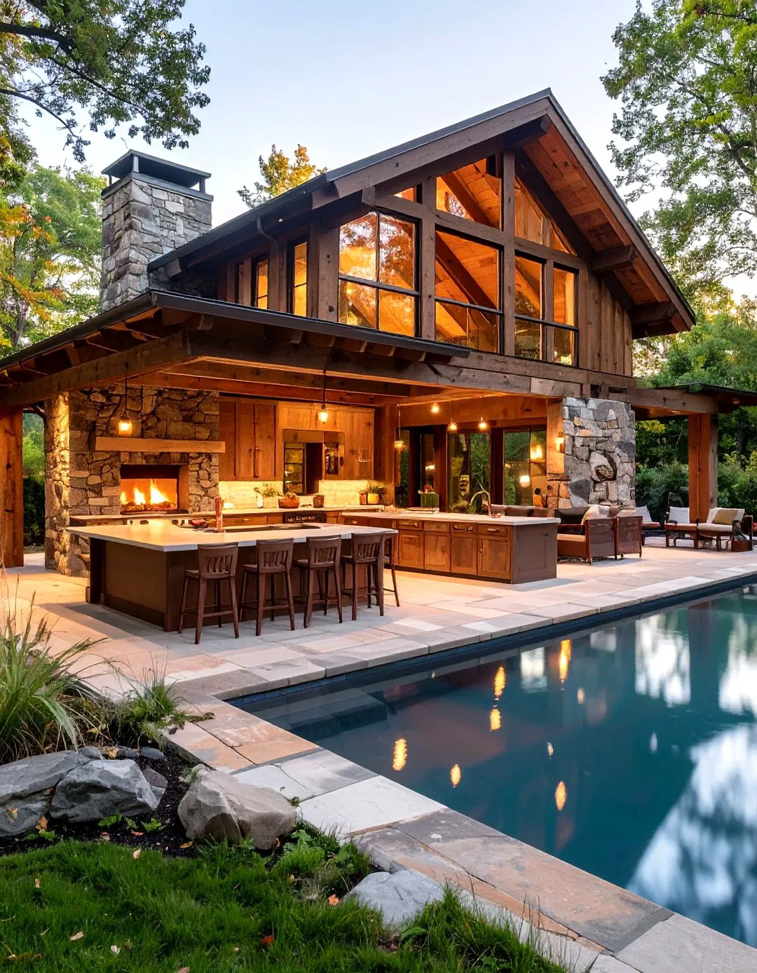 Rustic Timber Frame Pool House with Hearth Kitchen