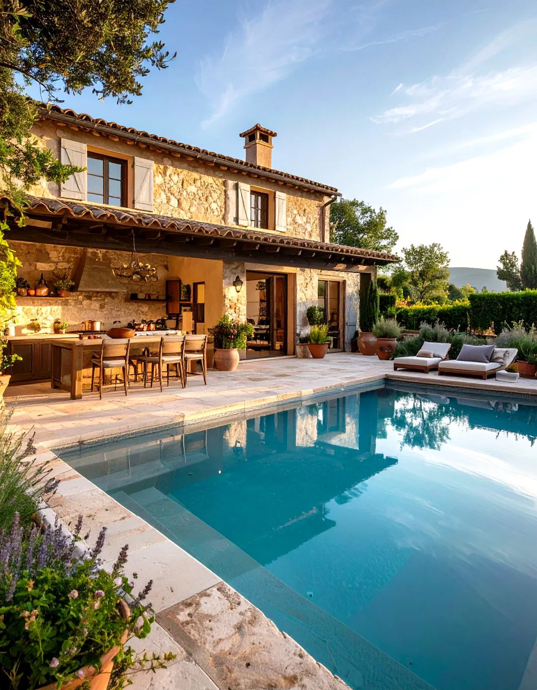 French Country Pool House with Provence Style Kitchen