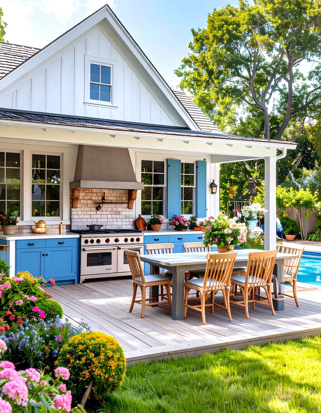 Colonial Revival Pool House with Traditional Kitchen
