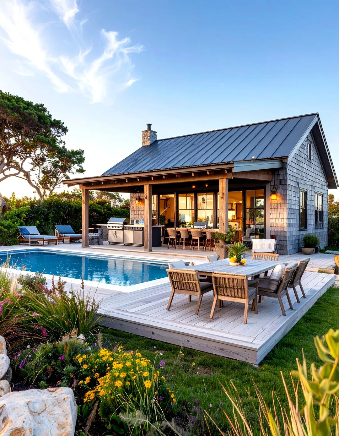 Coastal Shingle Pool House with Seafood Grill