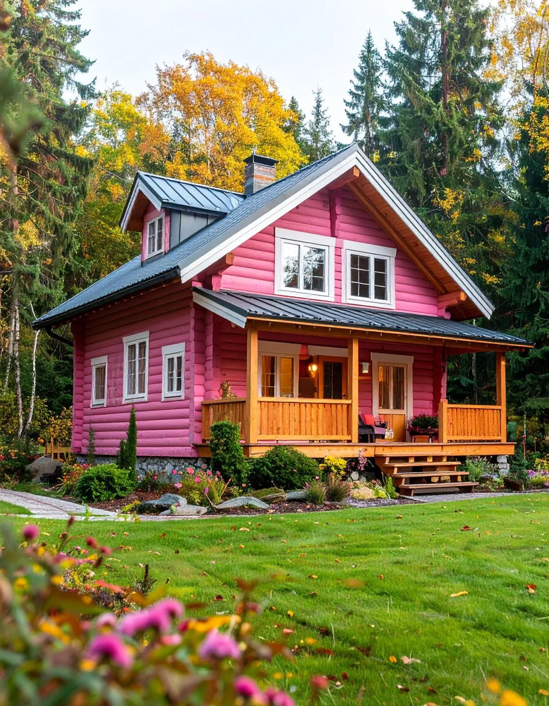 Scandinavian Pink Log Home Serenity