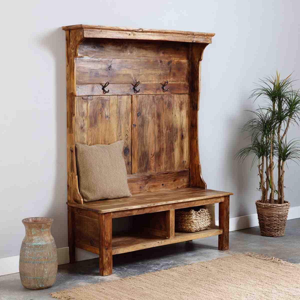 Rustic Wooden Hall Tree Bench