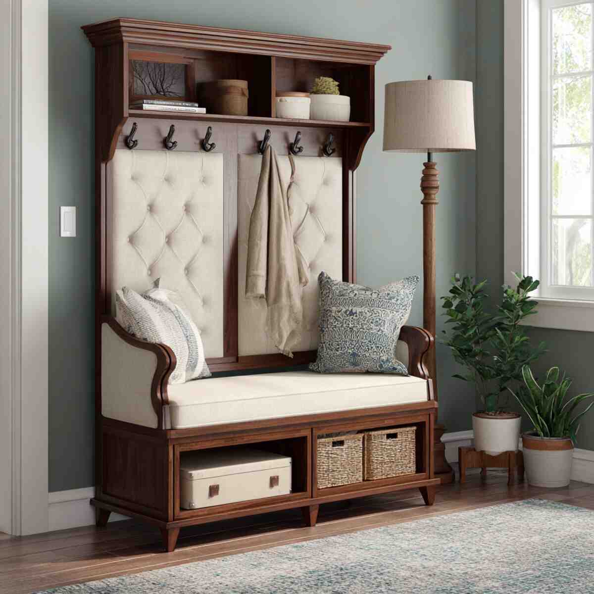 Upholstered Hall Tree Bench with Storage
