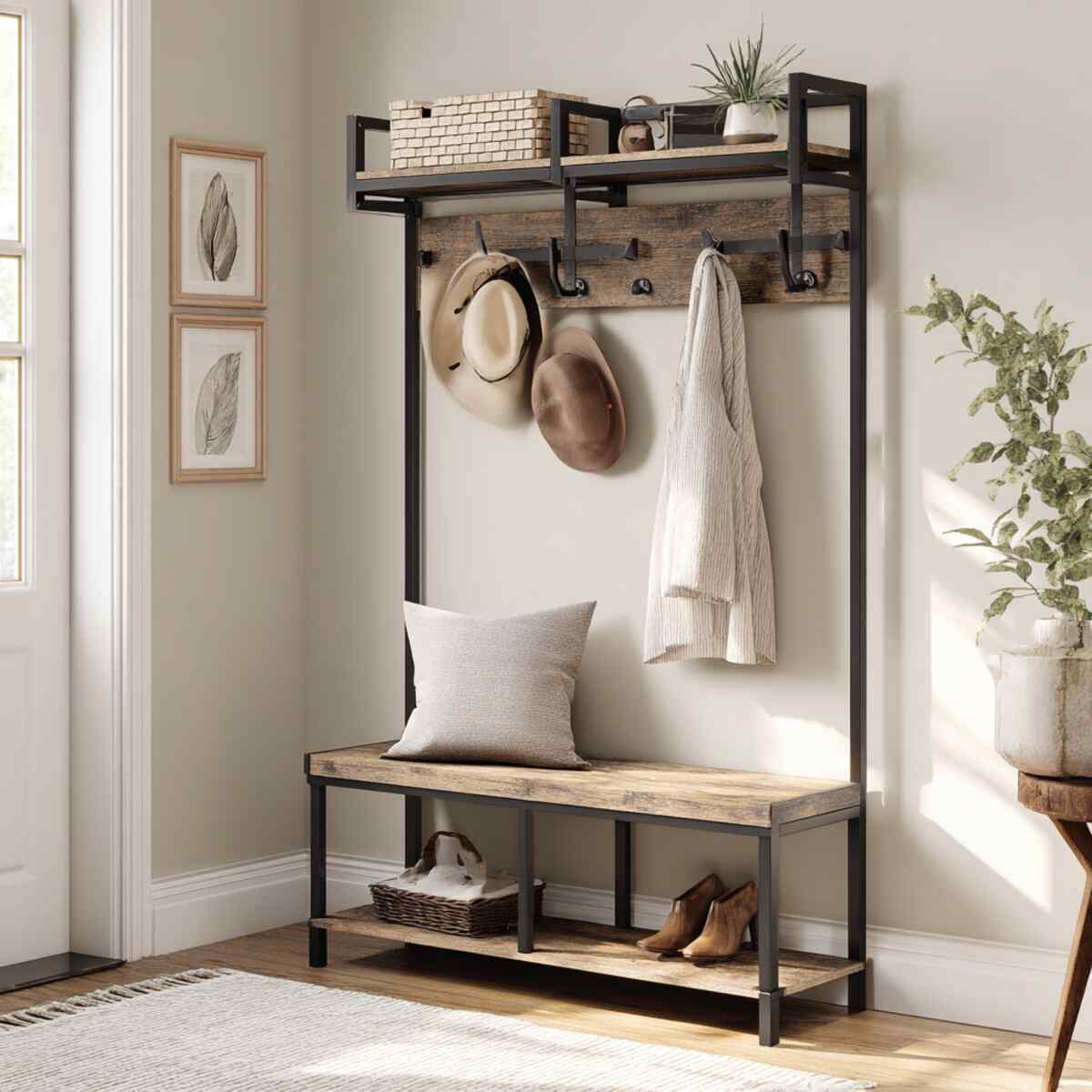 Hall Tree Bench with Coat Hooks and Shelves