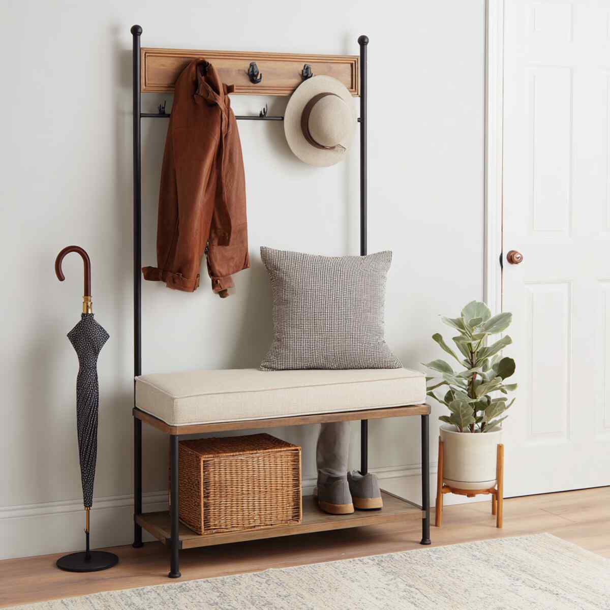 Hall Tree Bench with a Cushioned Top and Umbrella Stand