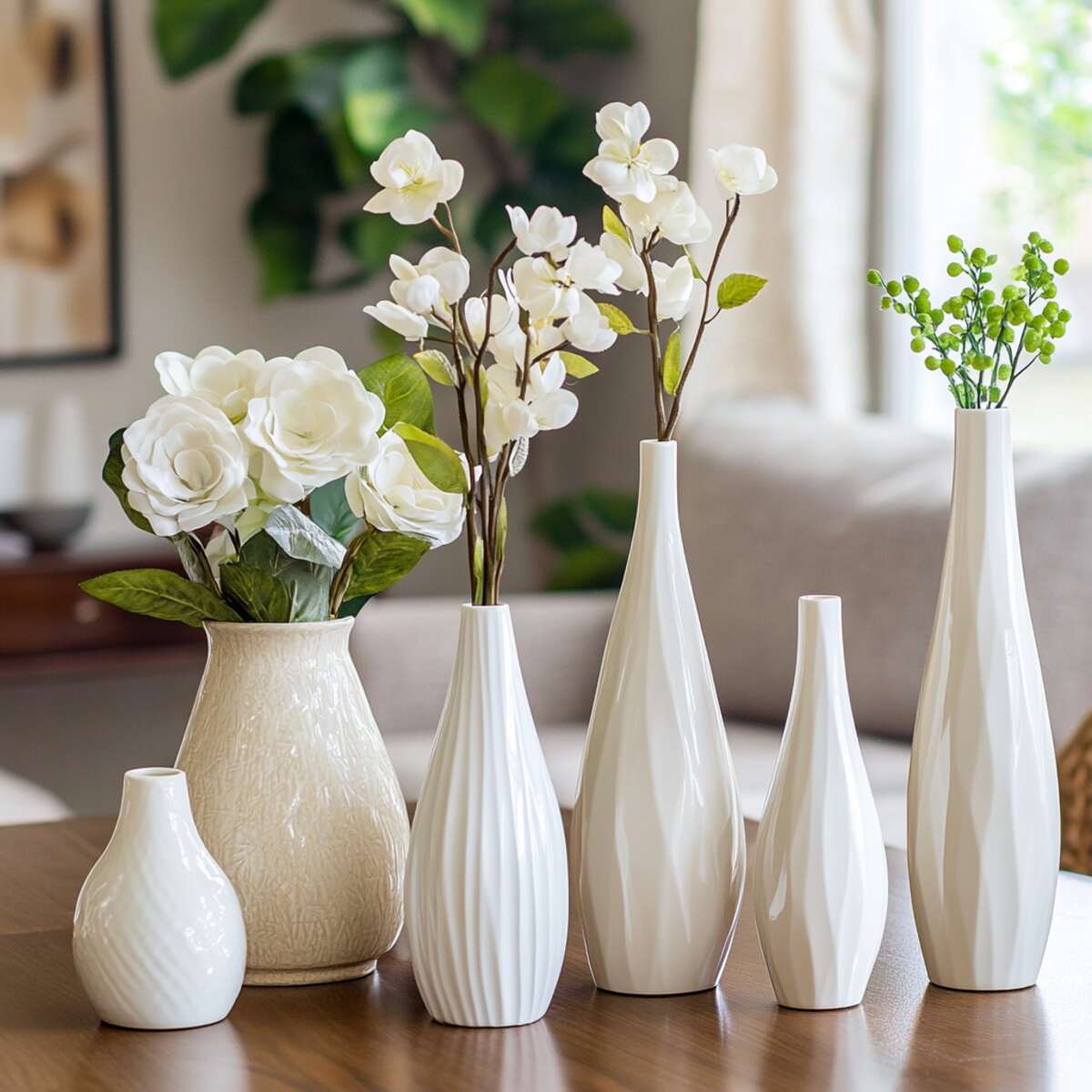 Set of matching vases in varying heights