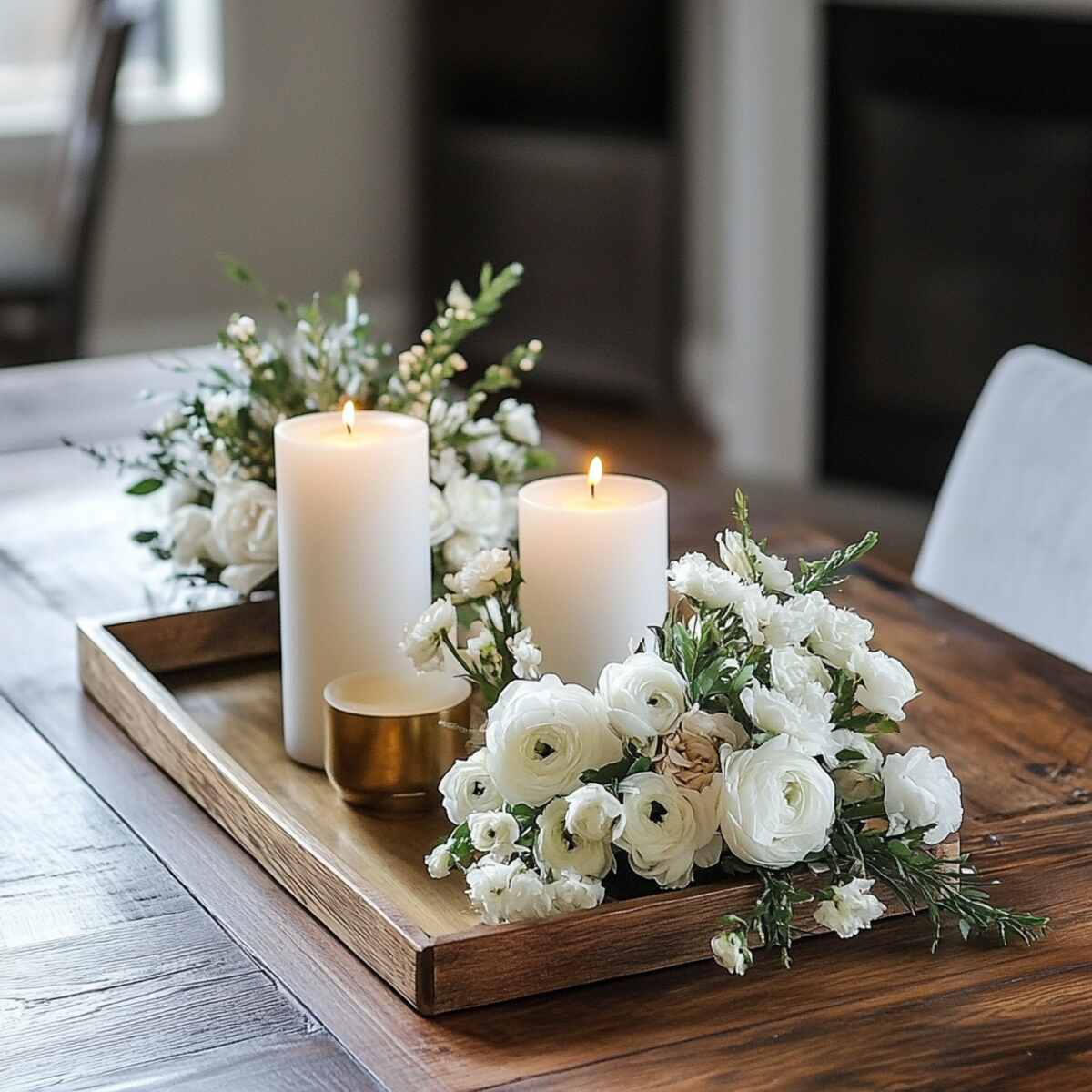 Decorative tray with candles and flowers
