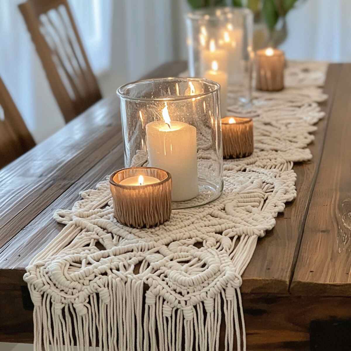 Macrame table runner with candles