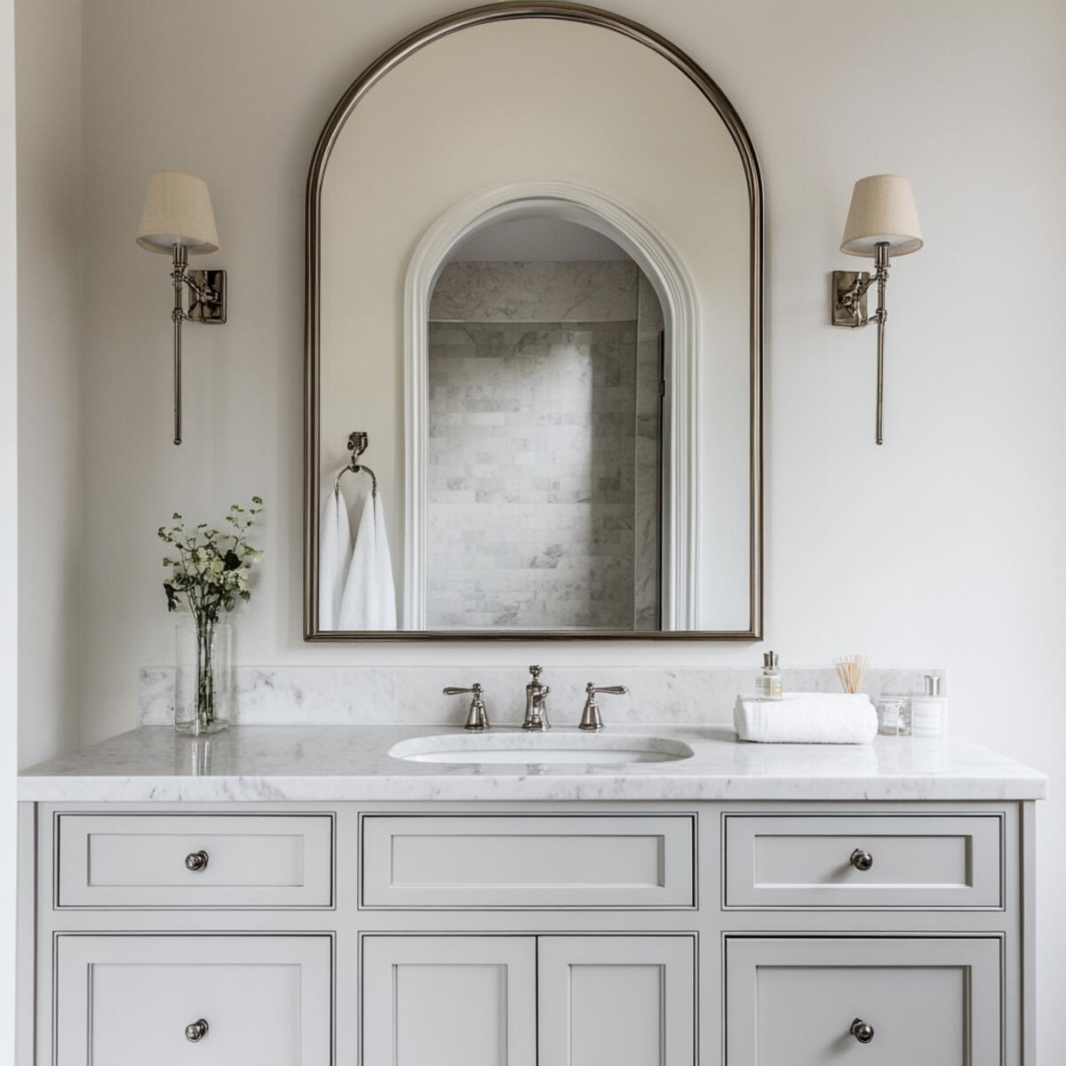 Arched mirror above the vanity