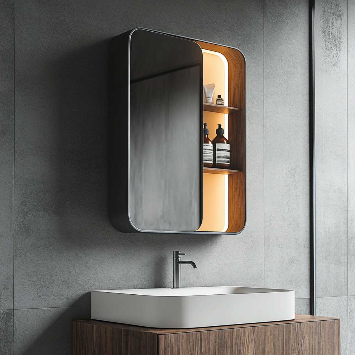 Sliding mirror with hidden storage