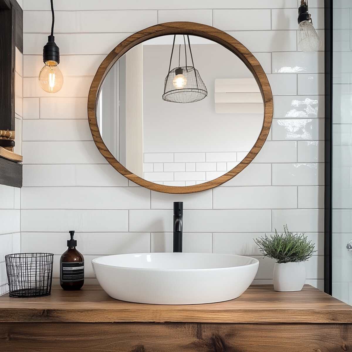 Bathroom mirror with a wood accent