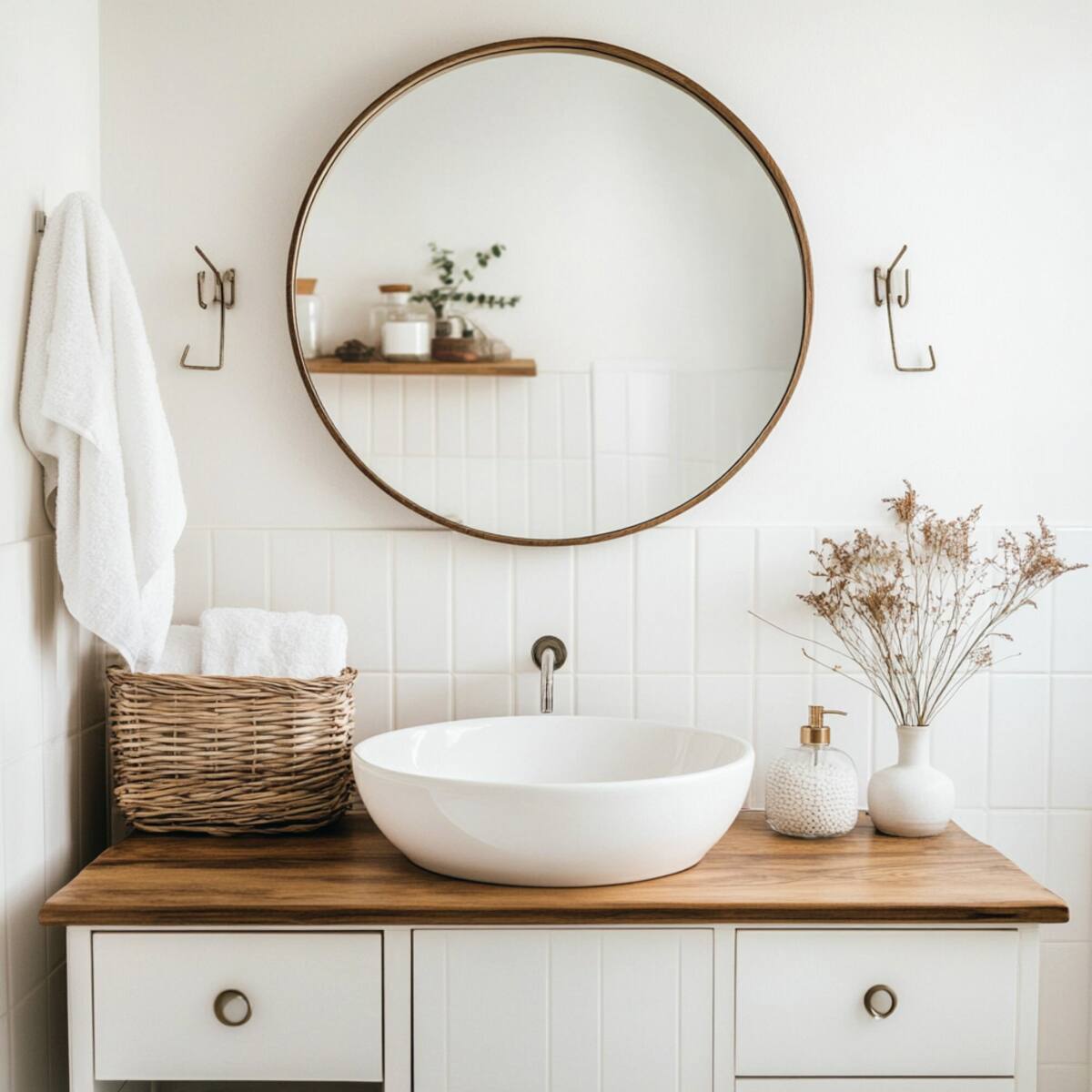 Vintage-style circular mirror with hooks
