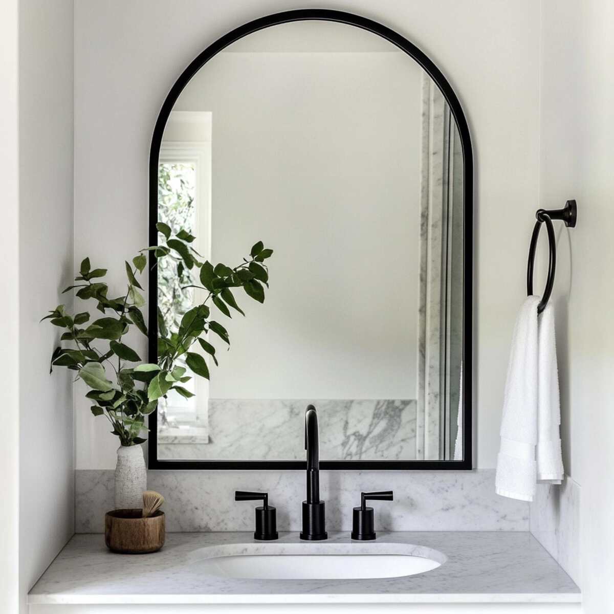 Black Metal-Framed Arched Mirror