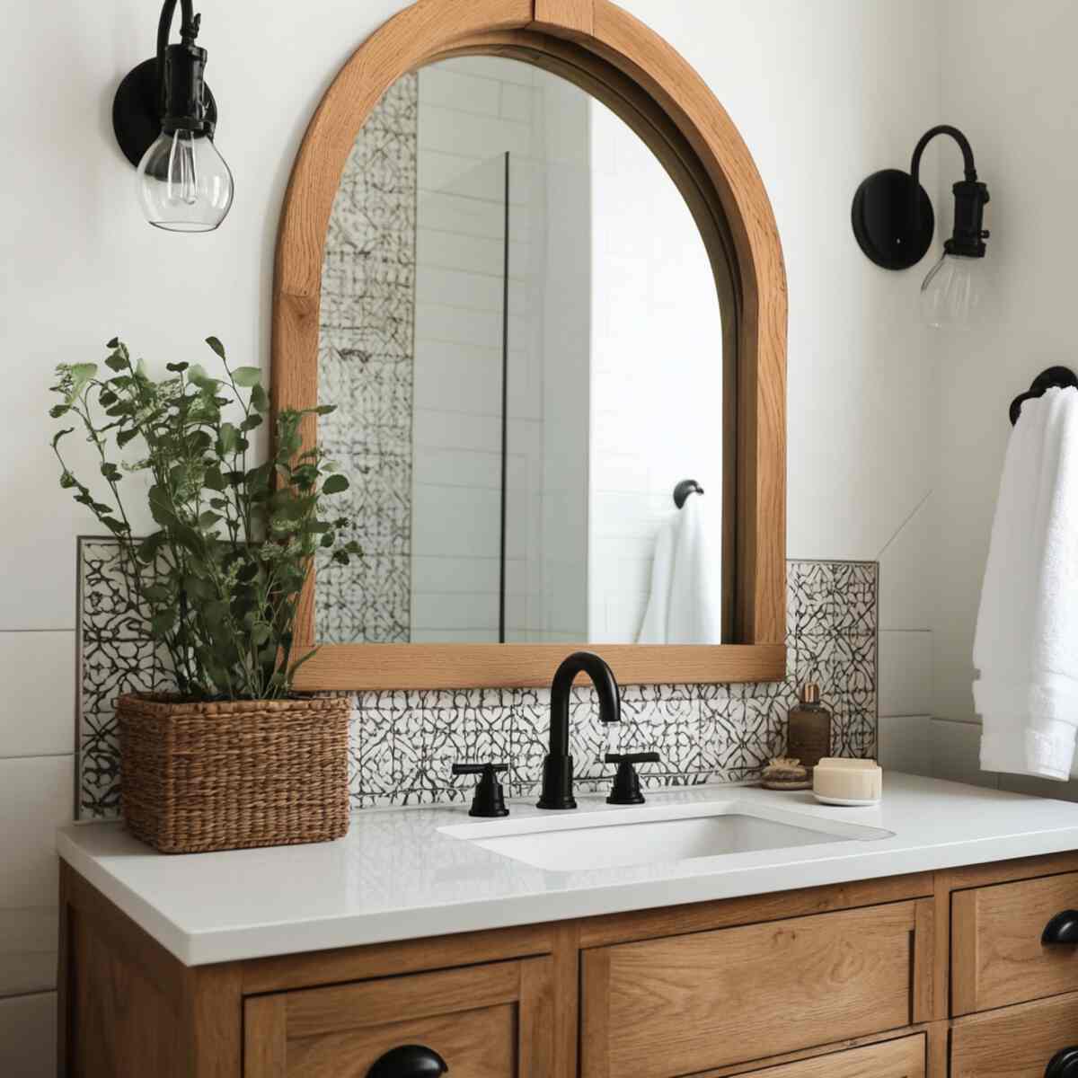Rustic Wood-Framed Arched Mirror