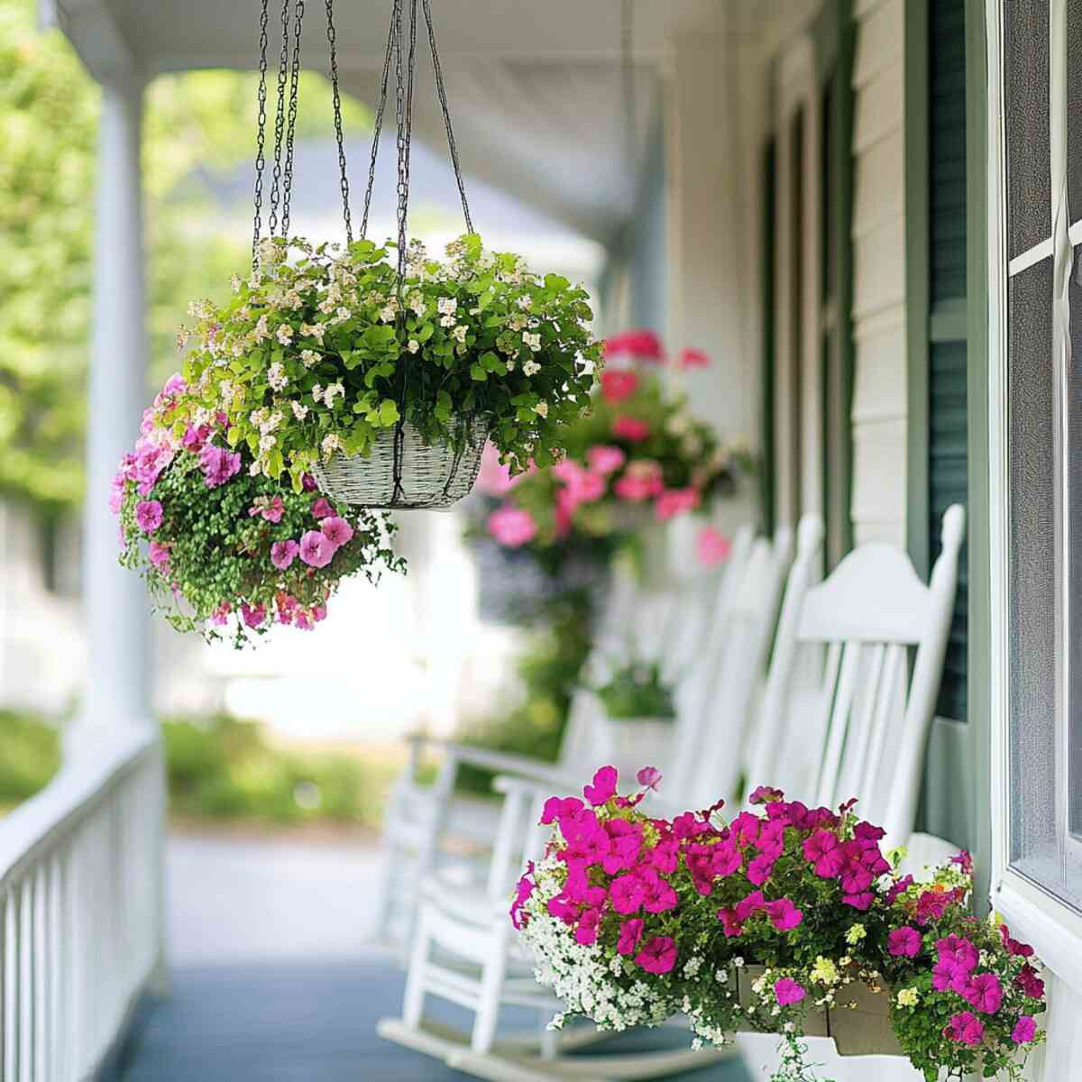 Hanging flower baskets on porch