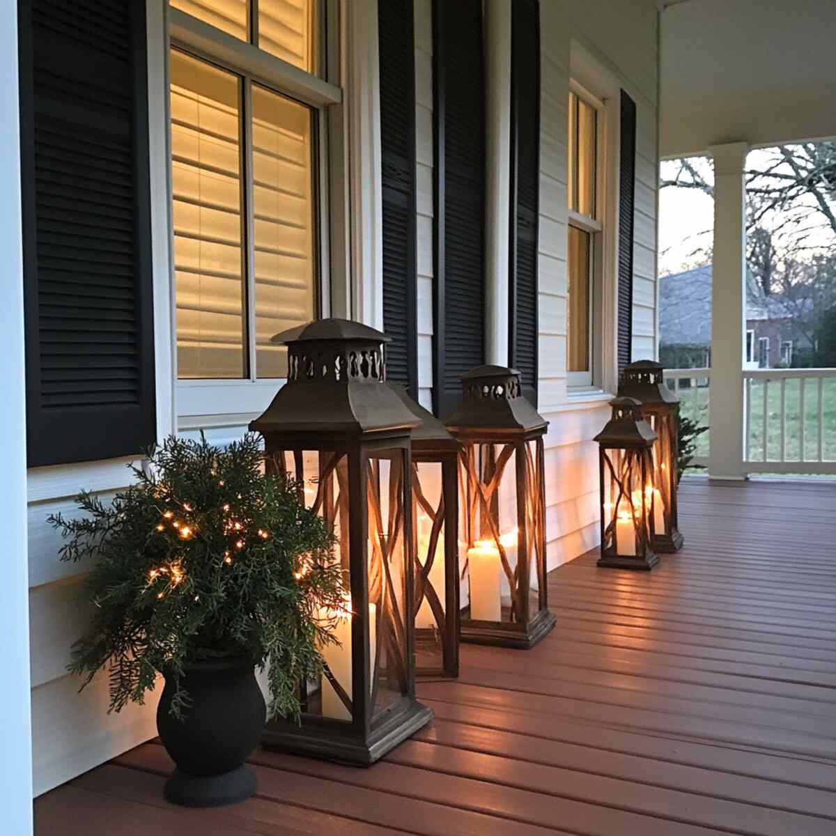 Lanterns and candle holders on porch