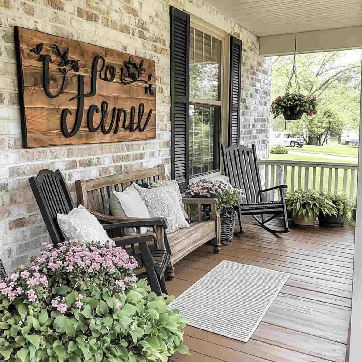 Rustic wooden sign on porch