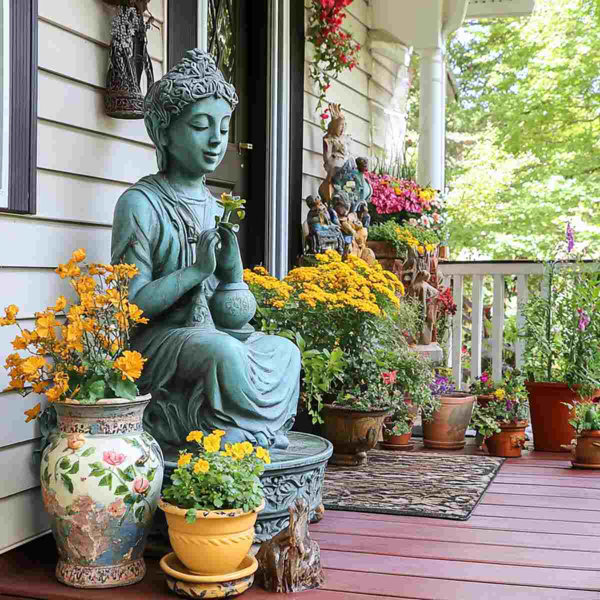 Garden statues on porch