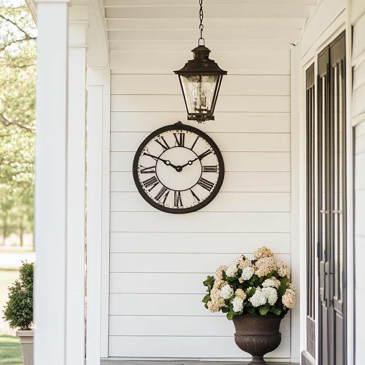 Outdoor clock on porch wall