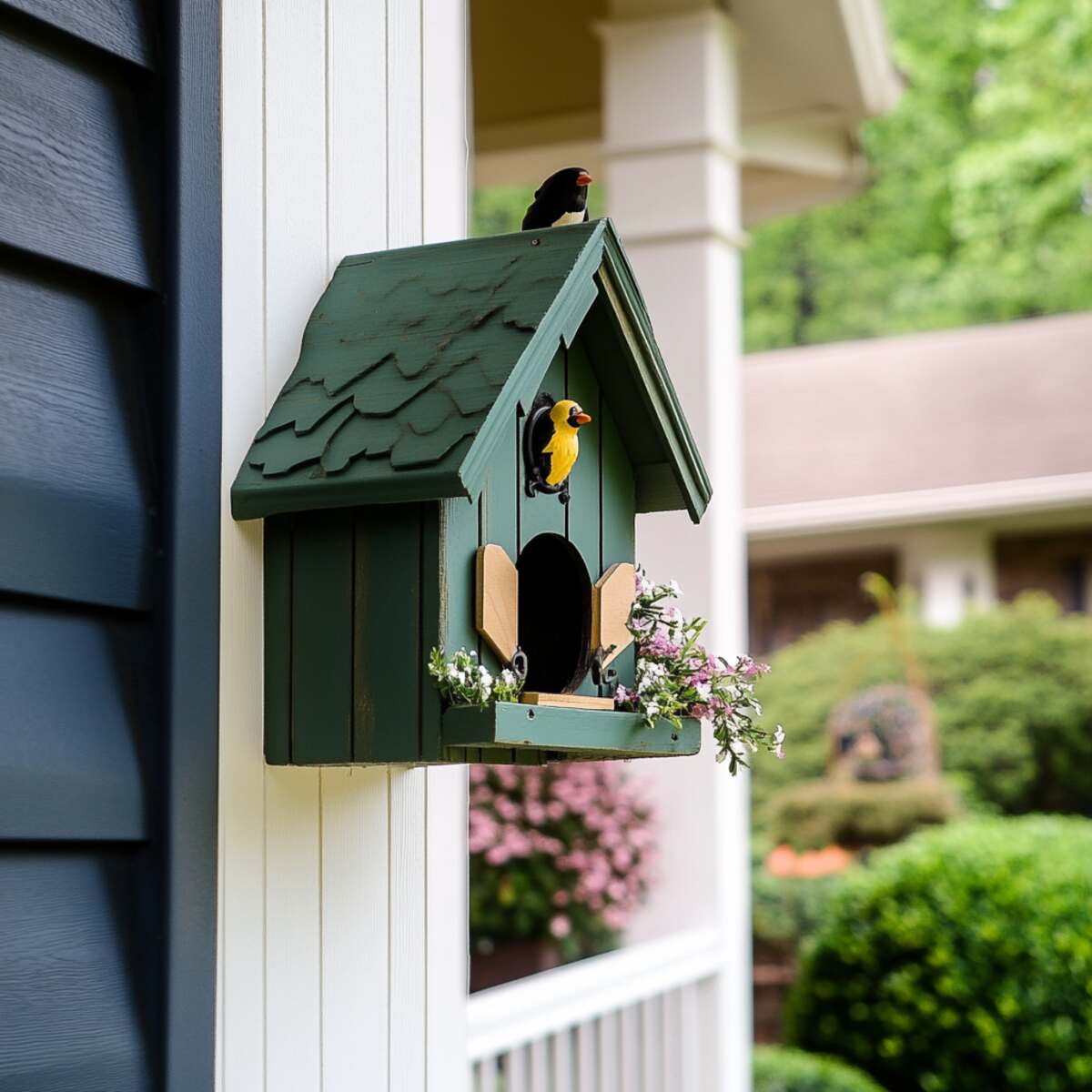 Birdhouse and feeder on porch