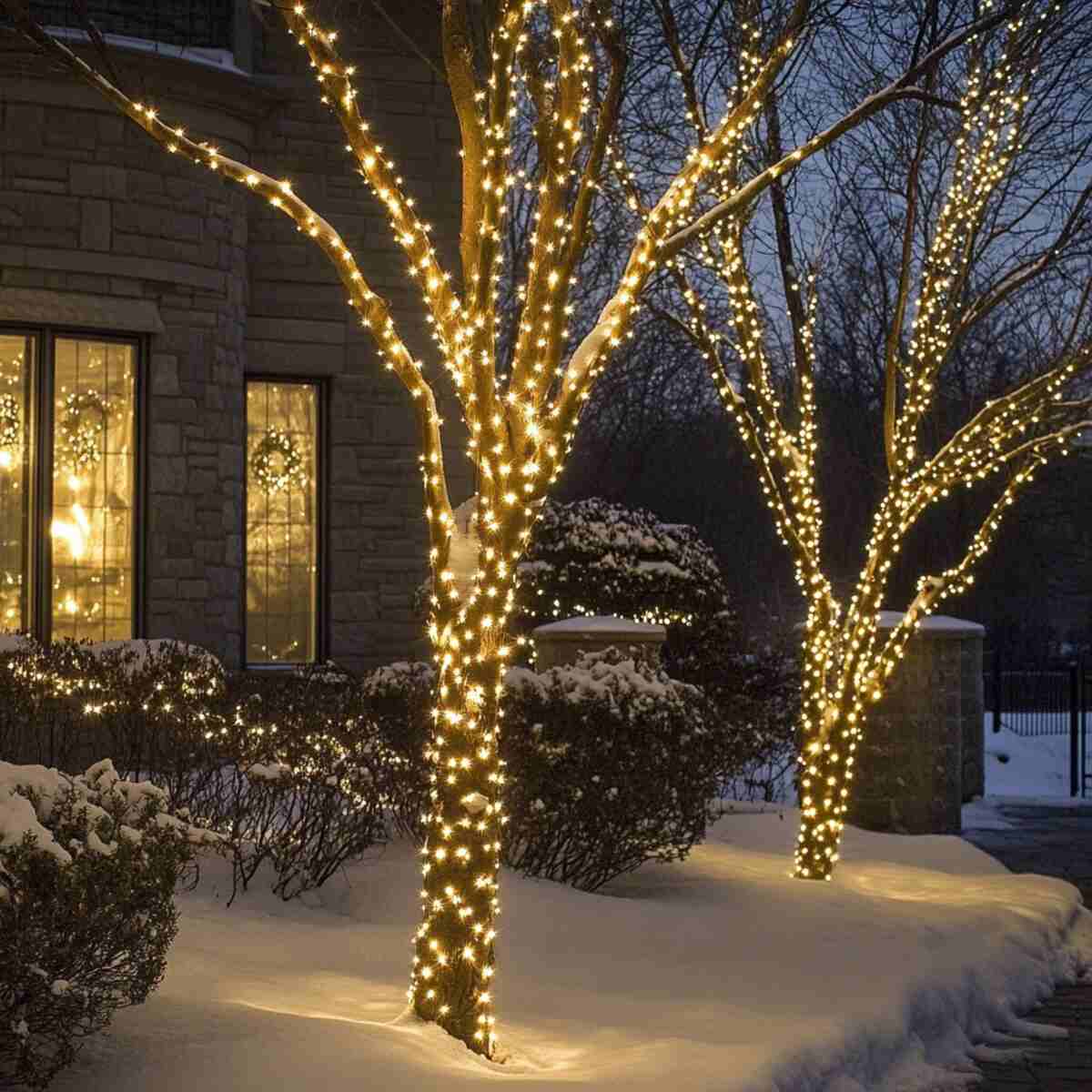 String lights on trees and shrubs