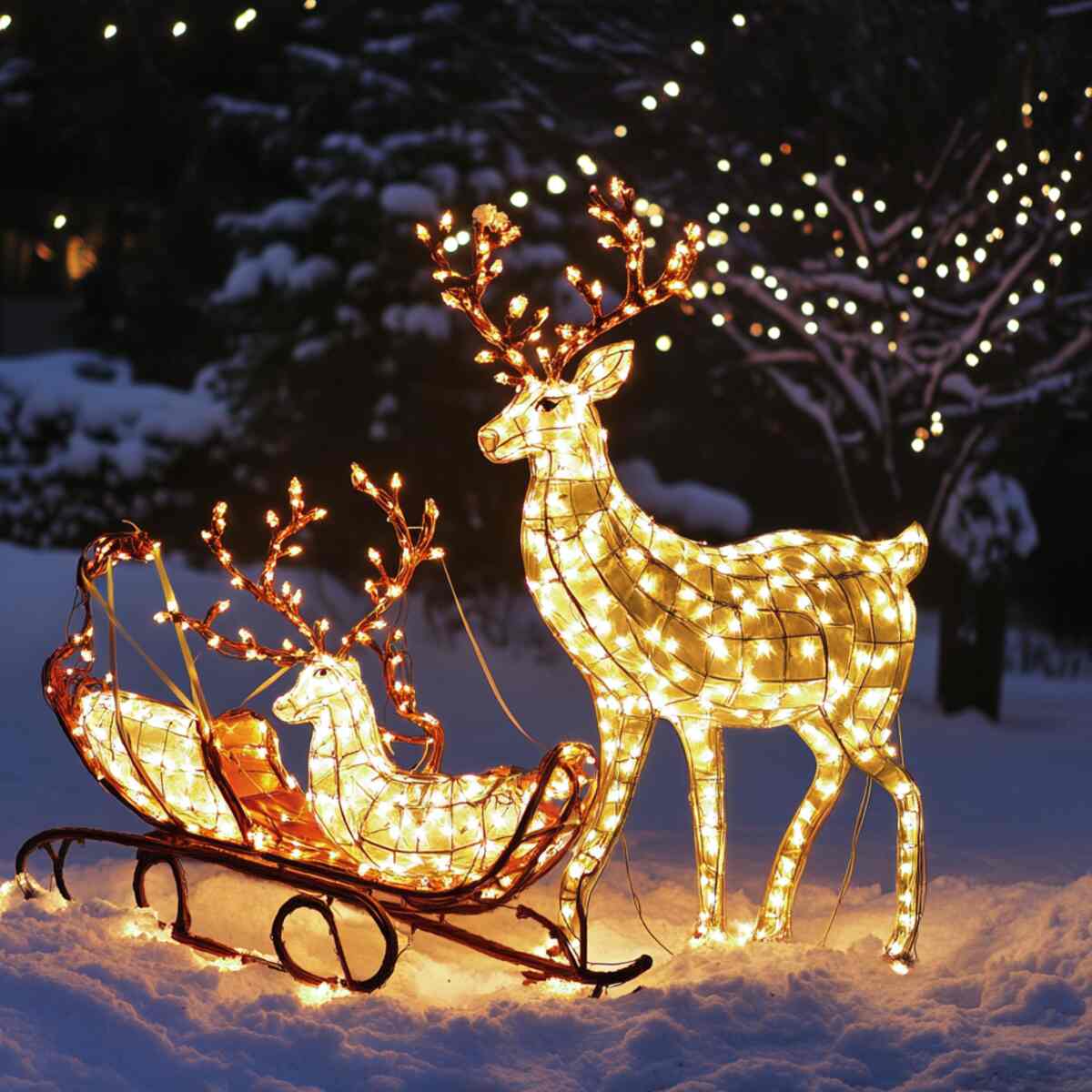 Lit-up reindeer and sleigh decorations