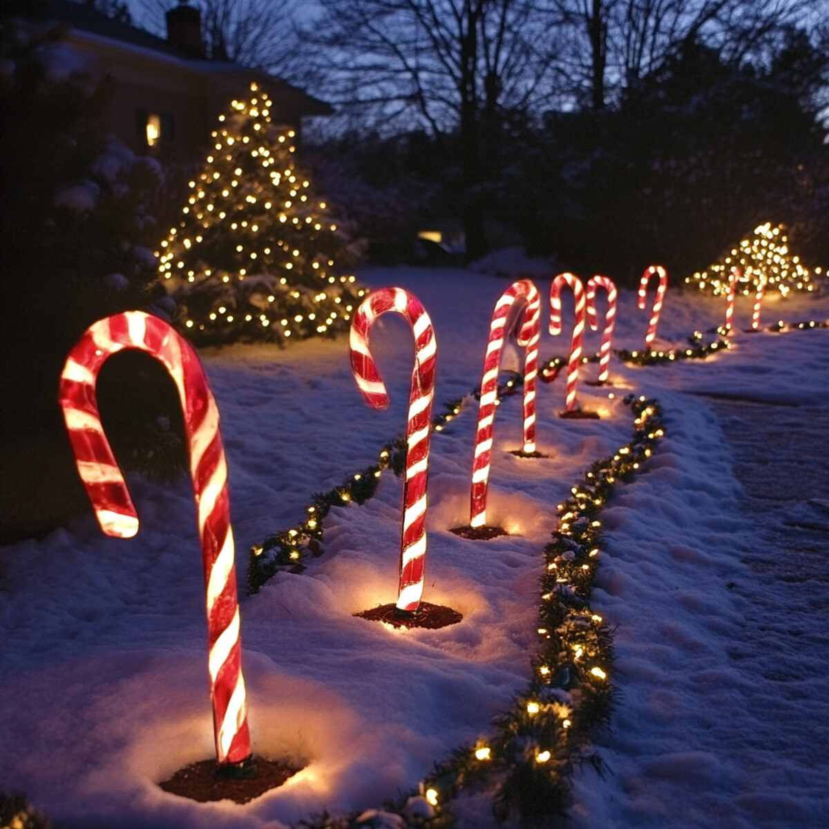 Lighted candy canes lining the walkway
