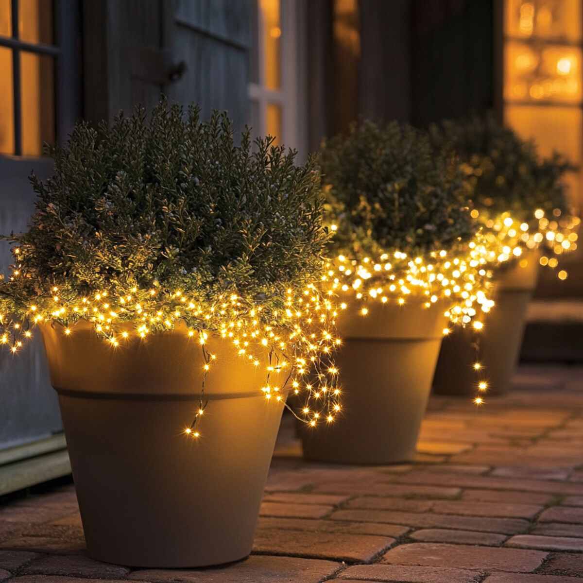 Twinkling lights in outdoor planters