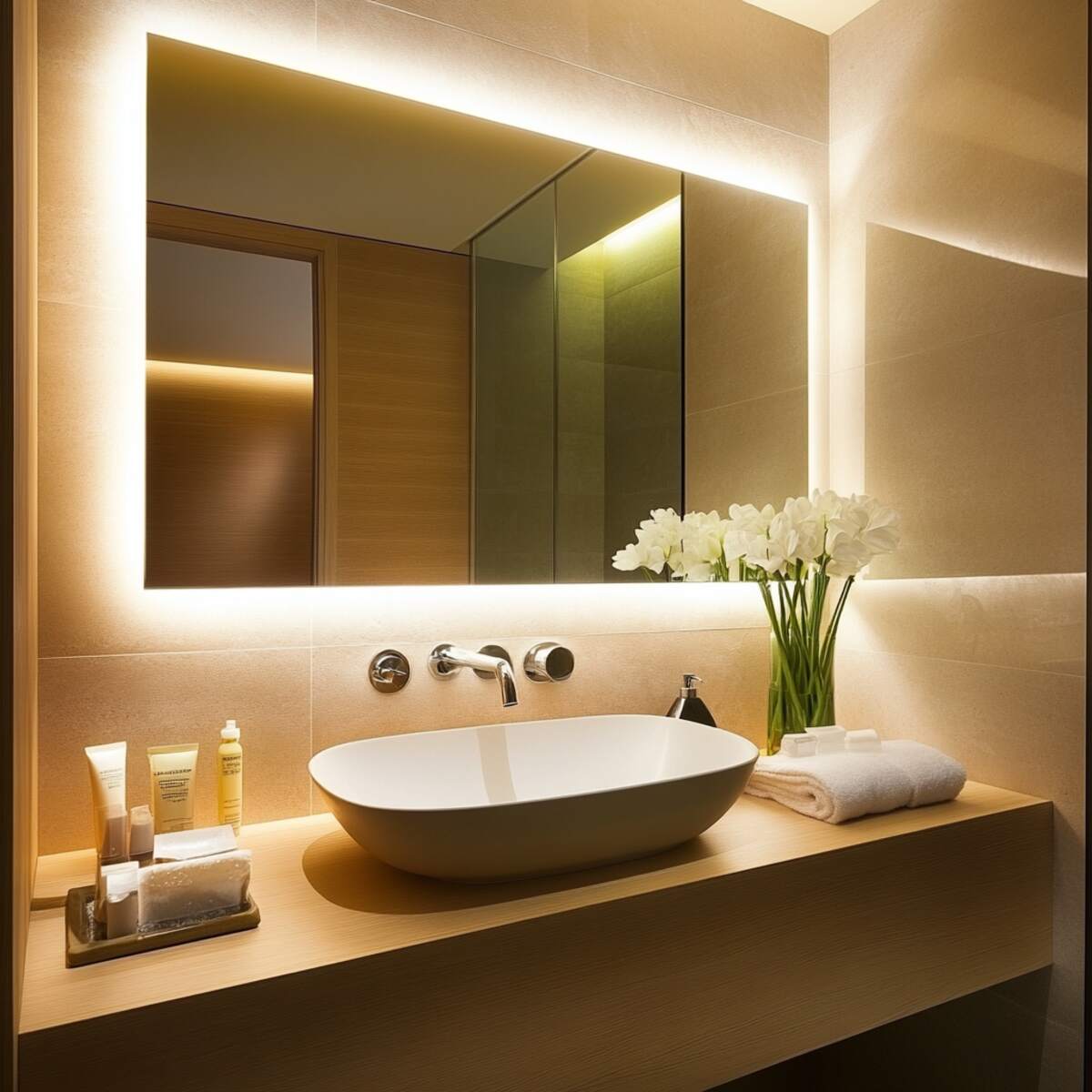 Large vanity mirror with soft backlighting