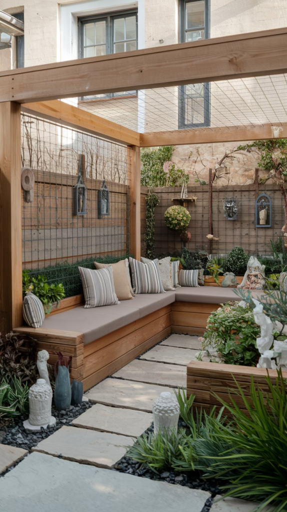 Built-in bench seating in guest cottage