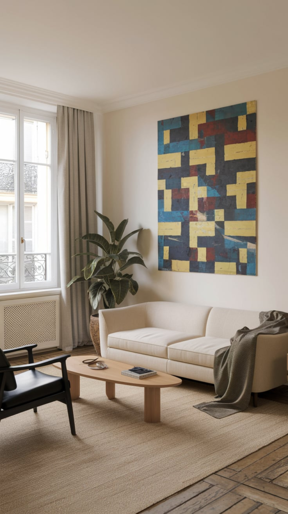 Artistic headboard in guest room