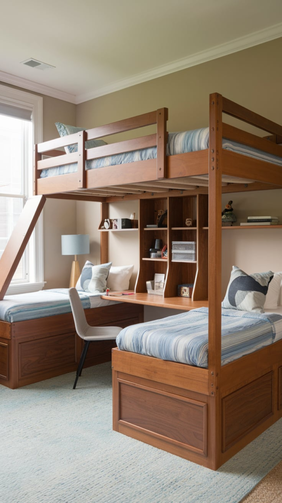 Lofted bunk beds with desk
