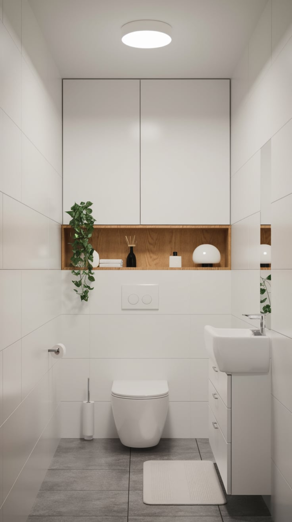 Open shelving in minimalist bathroom