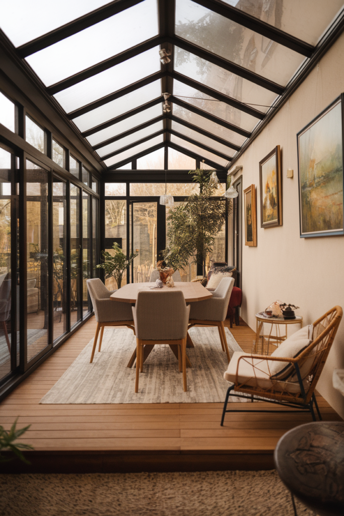 Glass ceiling sunroom dining