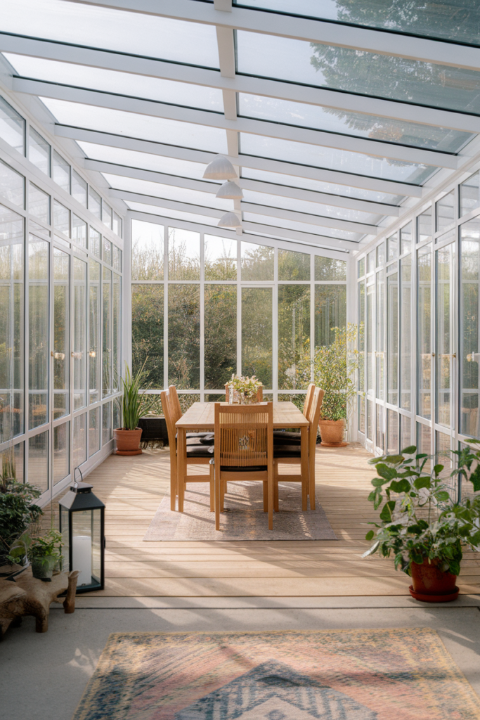 Earth-toned sunroom dining