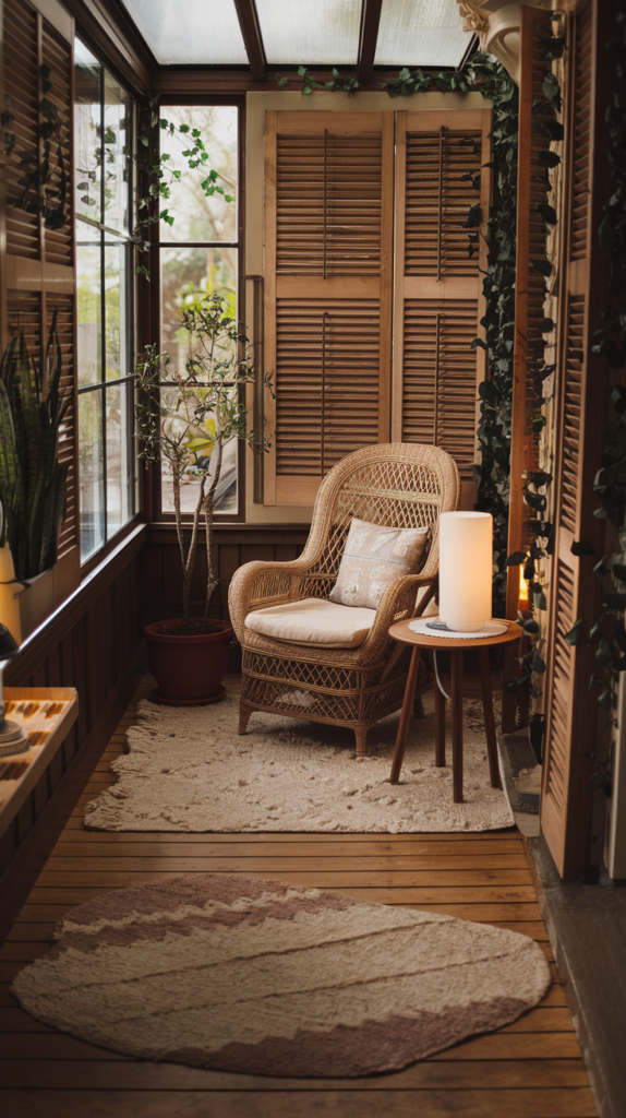 Scandinavian style sunroom with pale wood and neutral textiles