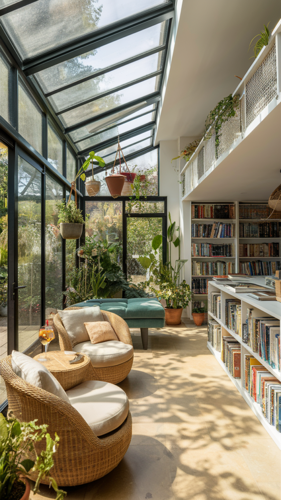 Tropical-themed sunroom with rattan furniture and plants