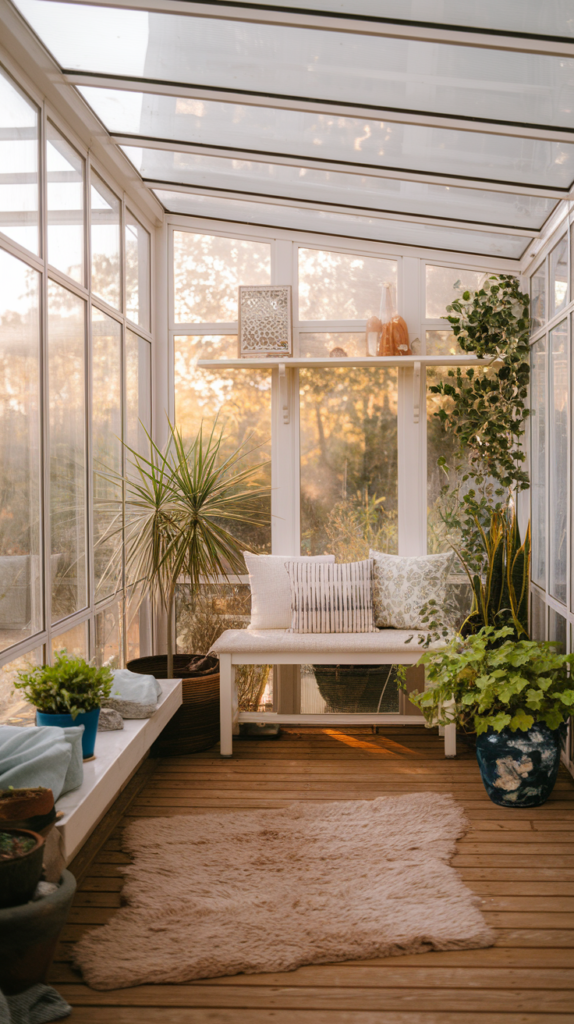 Industrial style sunroom with steel frames and brick walls