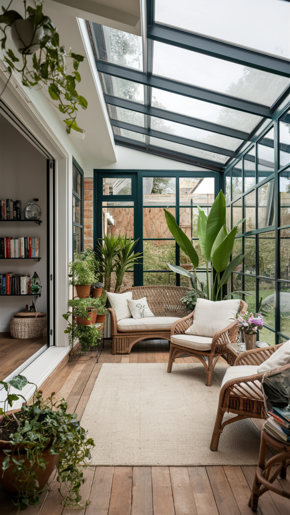 Modern farmhouse sunroom with shiplap walls and black window frames