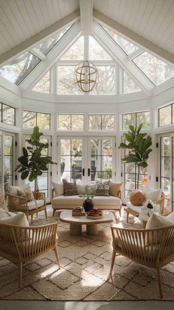 Sunroom converted into a home office with desk and shelves