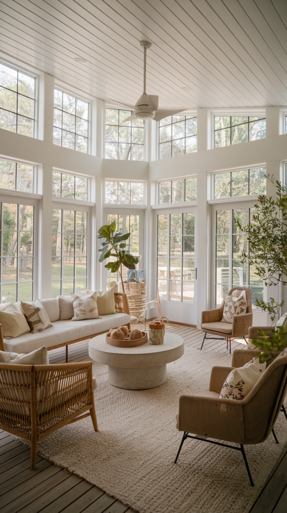 Bohemian style sunroom with layered textiles and plants